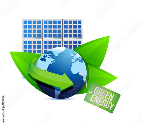 Illustration: solar panel and Green energy label solar panel and Green energy label