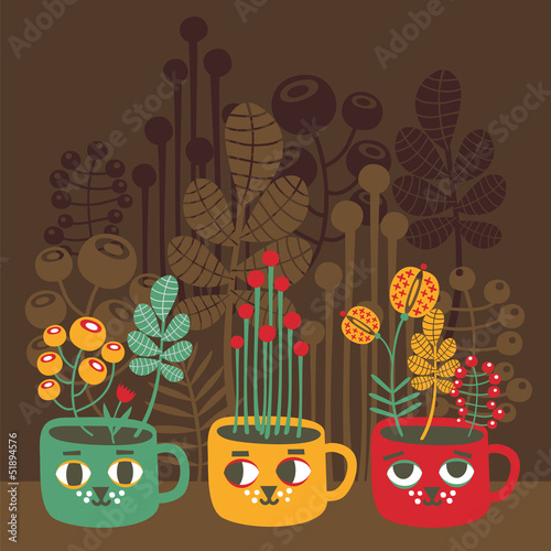 Vector: Cute vases with flowers - cat faces. Vector illustration. Cute vases with flowers - cat faces. Vector illustration.