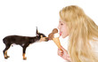 puppy and the girl eat ice-cream. isolated on white 