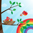 Christmas birds family with rainbow