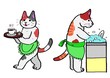 コーヒーを運ぶ猫、お皿を洗う猫