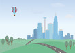 Landscape. Green hills and cityscape