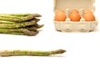 Asparagus and eggs on white background