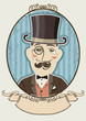 Illustration: Retro gentleman portrait in a top black hat.Vector man in vintag Retro gentleman portrait in a top black hat.Vector man in vintag