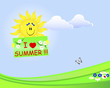 Summer time. Sun holds a placard.