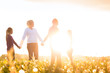 Happy family on meadow at sunset