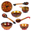 Wooden old Russian dishes with the painting of Khokhloma