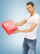 man with big percent box