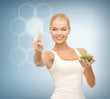 woman with salad and virtual screen