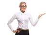 business woman shows something
