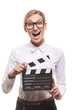 female holding clapper board in her hands