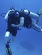 Couple posing underwater while scuba diving on vacation