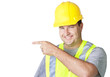 Photo: Rugged Male Worker Pointing to Empty Space Rugged Male Worker Pointing to Empty Space