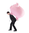 happy business man carrying pink piggy bank
