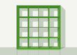 green empty square bookshelf on white wall background
