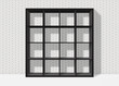 black empty square bookshelf on white brick wall background