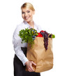 Young woman with a grocery shopping bag. Isolated on white backg