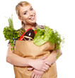 Young woman with a grocery shopping bag. Isolated on white backg