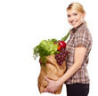Young woman with a grocery shopping bag. Isolated on white backg