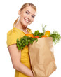 Young woman with a grocery shopping bag. Isolated on white backg