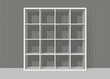 white empty square bookshelf on grey brick wall background
