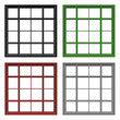 set of four empty bookshelves in black, grey, red and gree