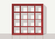 red empty square bookshelf on white wall background