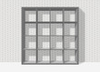 grey empty square bookshelf on white brick wall background