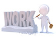 Little man carves the word "WORK" in stone