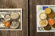 US and euro money over wooden background
