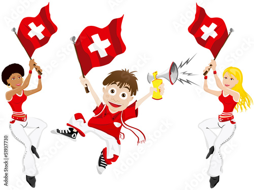 Vector: Switzerland Sport Fan with Flag and Horn Switzerland Sport Fan with Flag and Horn