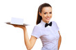 Young waitress with an empty tray