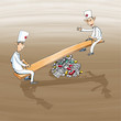 Illustration of doctors riding on seesaw, medical reform, cartoo