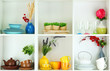Beautiful white shelves with tableware and decor.