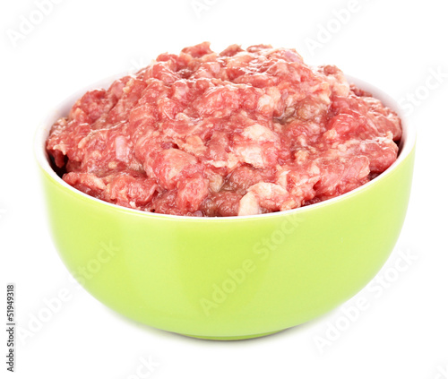 Photo: Bowl of raw ground meat isolated on white Bowl of raw ground meat isolated on white