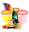 Set for painting: paint pots, brushes, palette of colors