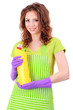 Young woman wearing rubber gloves with cleaner, isolated