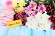 Bouquet of beautiful chrysanthemums on table close-up
