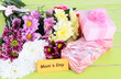 Bouquet of beautiful chrysanthemums on table close-up