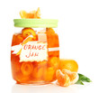 Orange jam with zest and tangerines, isolated on white