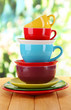Mountain colorful dishes on nature background