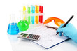 Hand scientist writing formulas isolated on white