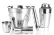Cocktail shaker and metal ice bucket isolated on white.