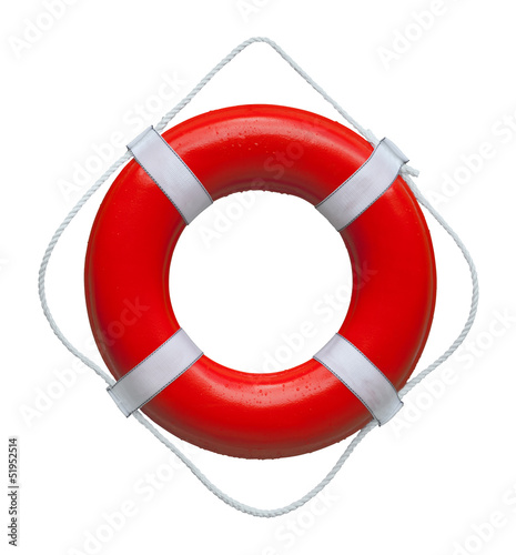 Photo: Red safety buoy ring isolated on white background Red safety buoy ring isolated on white background