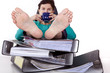 Office woman puts feet up relaxing