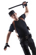Police officer is using baton. Isolated on white.