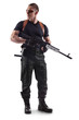 Police officer is holding Kalashnikov