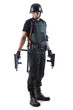 Police officer is holding 2 guns. Isolated on white.