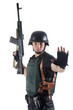 Police officer in body armour is holding a gun. Isolated on whit