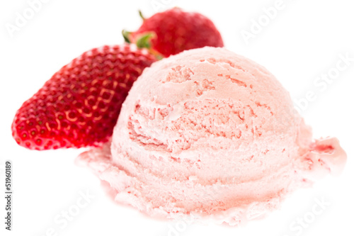 Photo: strawberry ice cream scoop with strawberries on white background strawberry ice cream scoop with strawberries on white background